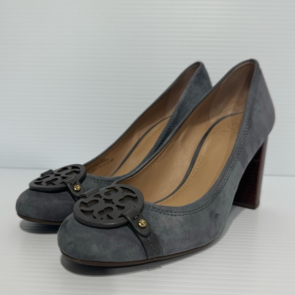 Tory Burch Mini Miller Gray Suede Logo Heels Size 8 1/2 - Picture 2 of 15